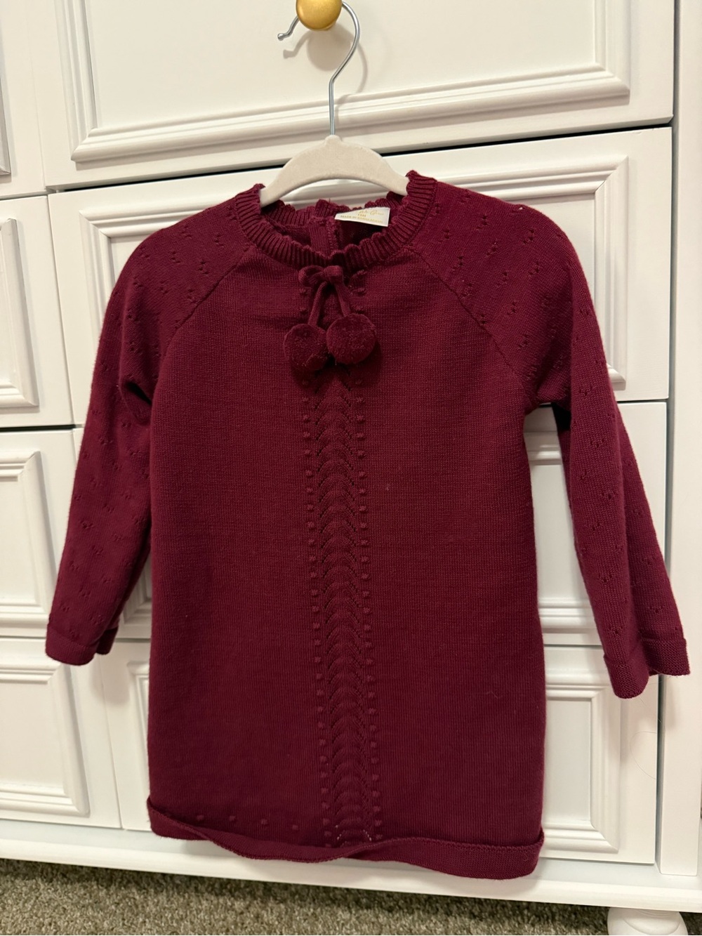 Girls Knit Pom-Pom Sweater Dress - Burgundy